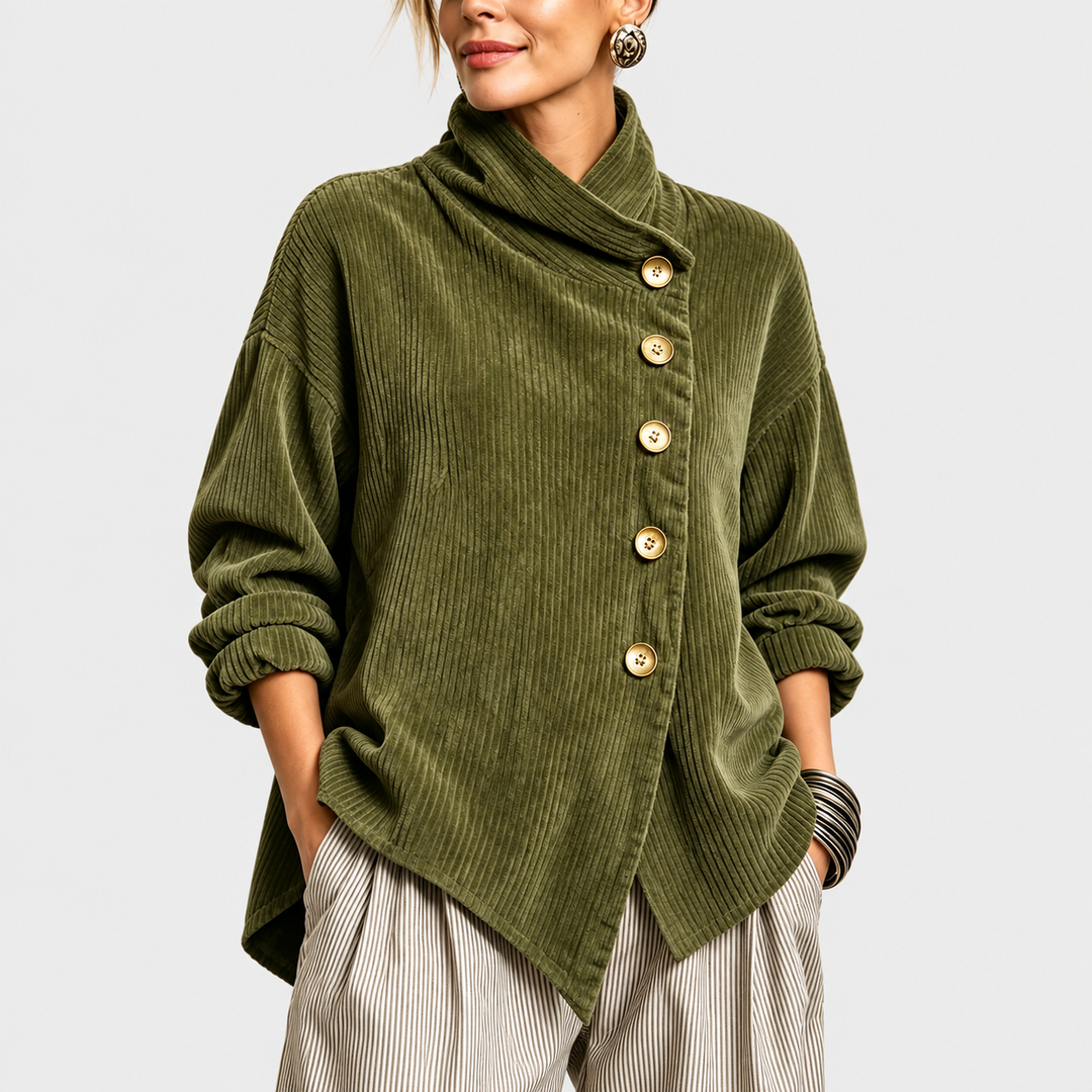 Nina | Asymmetric Button Corduroy Turtleneck