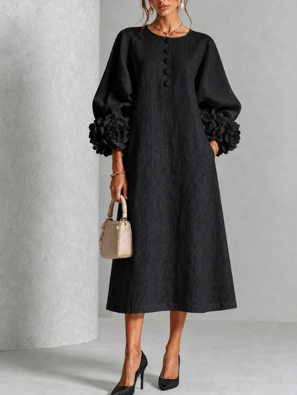 Theodosia | Rosette-Cuff Button Midi Dress