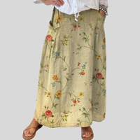 Women's Retro Elegant Floral Art Linen Elastic waistband Pocket Skirt