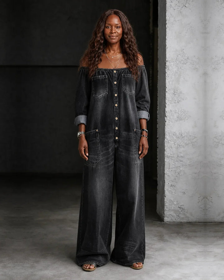Zaria | Off-Shoulder Long Sleeve Denim Overall