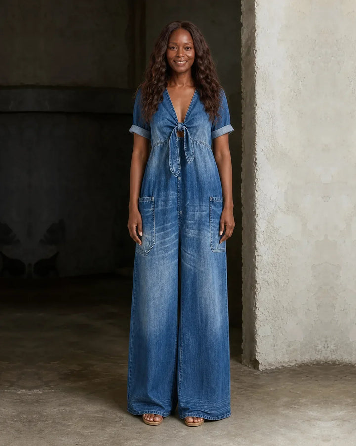 Brianna | Short V-Neck Short Sleeve Denim Overall
