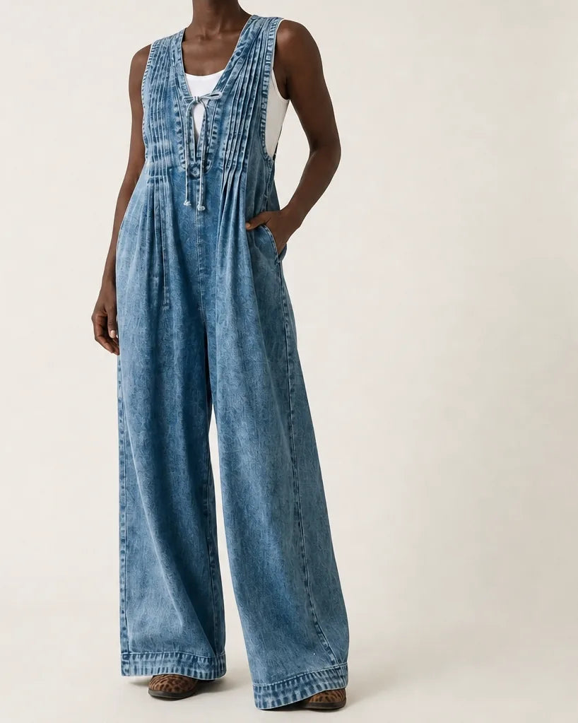 Griselda | Pleated Wide-Leg Denim Jumpsuit