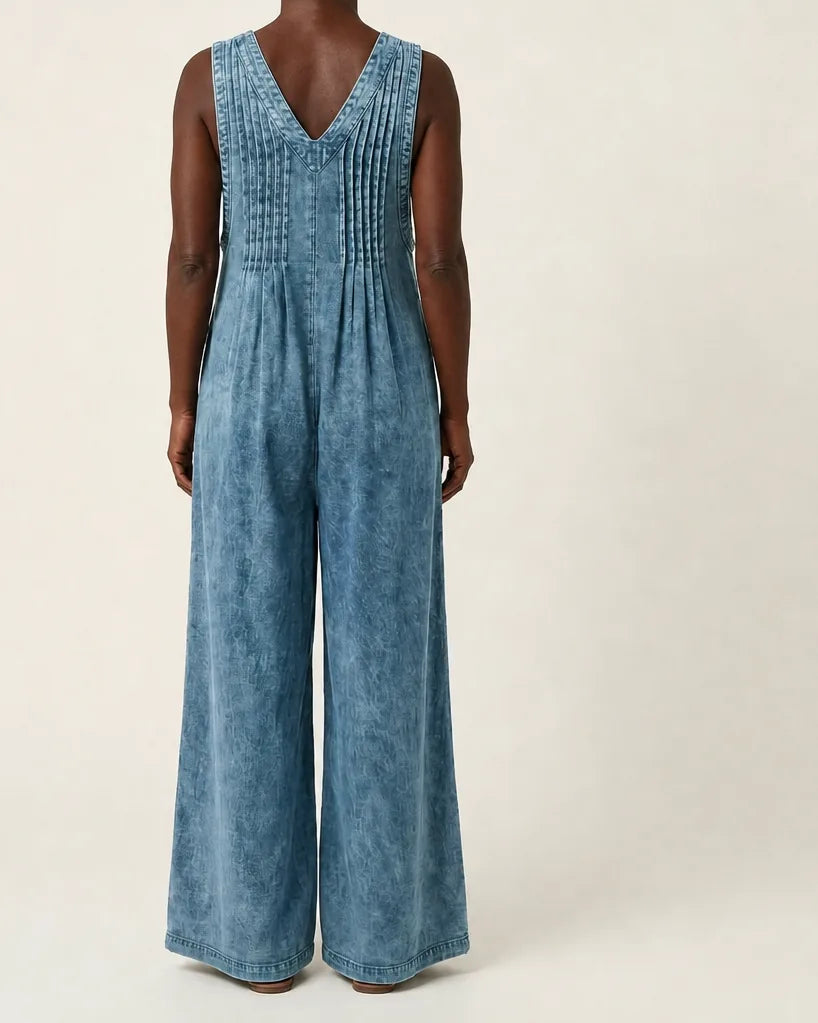 Griselda | Pleated Wide-Leg Denim Jumpsuit