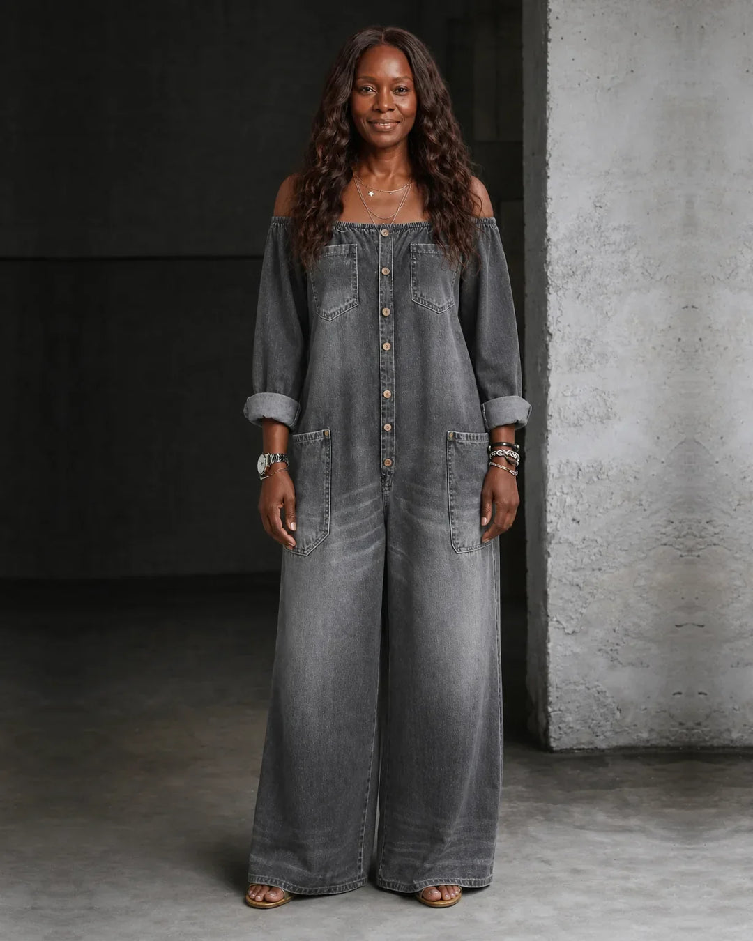 Zaria | Off-Shoulder Long Sleeve Denim Overall