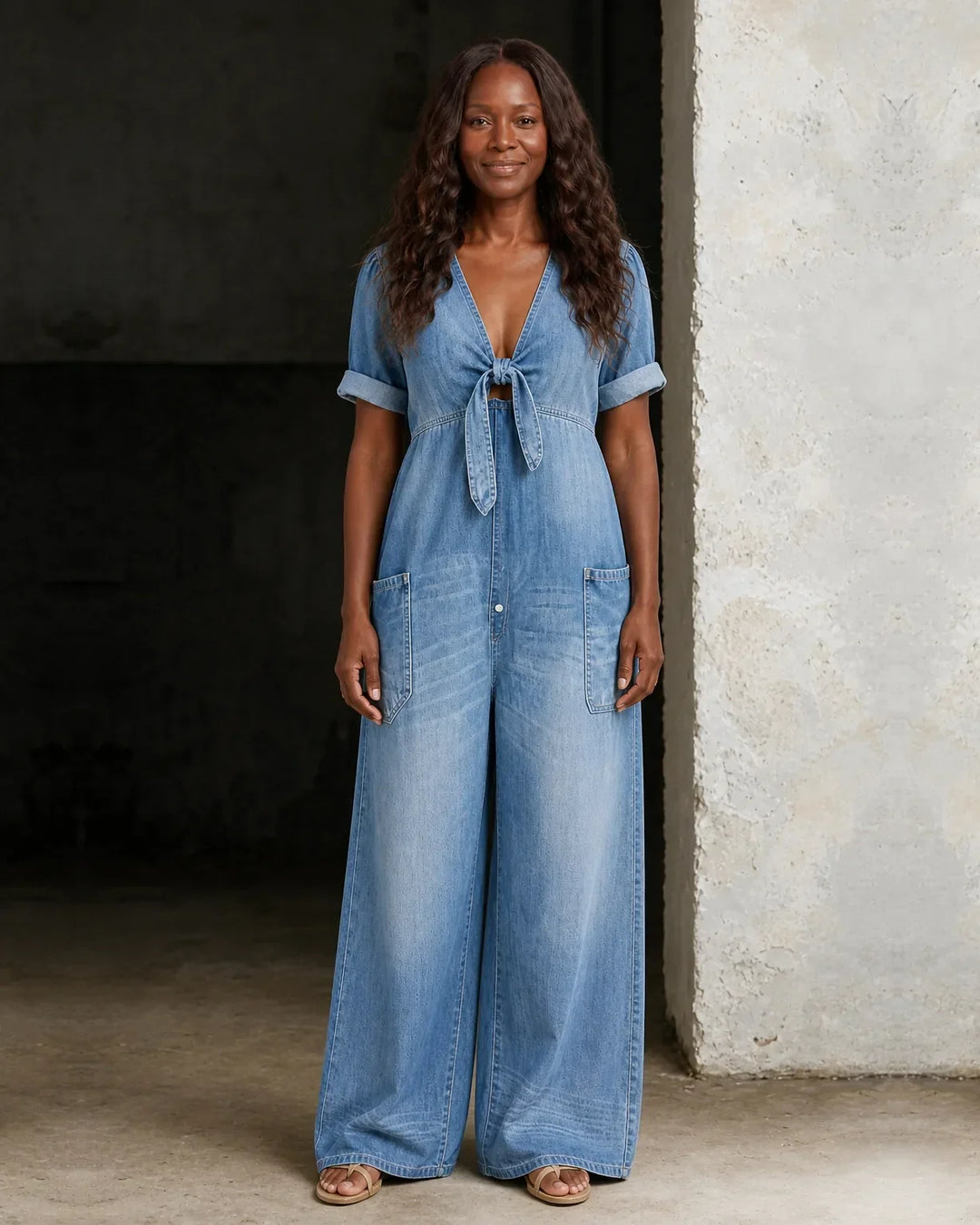Brianna | Short V-Neck Short Sleeve Denim Overall