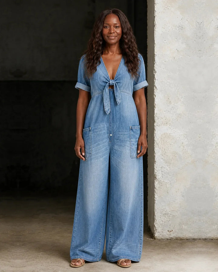 Brianna | Short V-Neck Short Sleeve Denim Overall