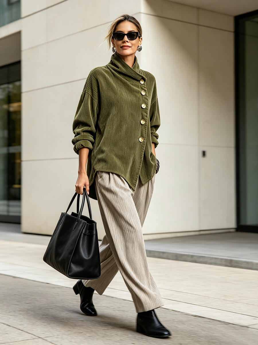 Nina | Asymmetric Button Corduroy Turtleneck