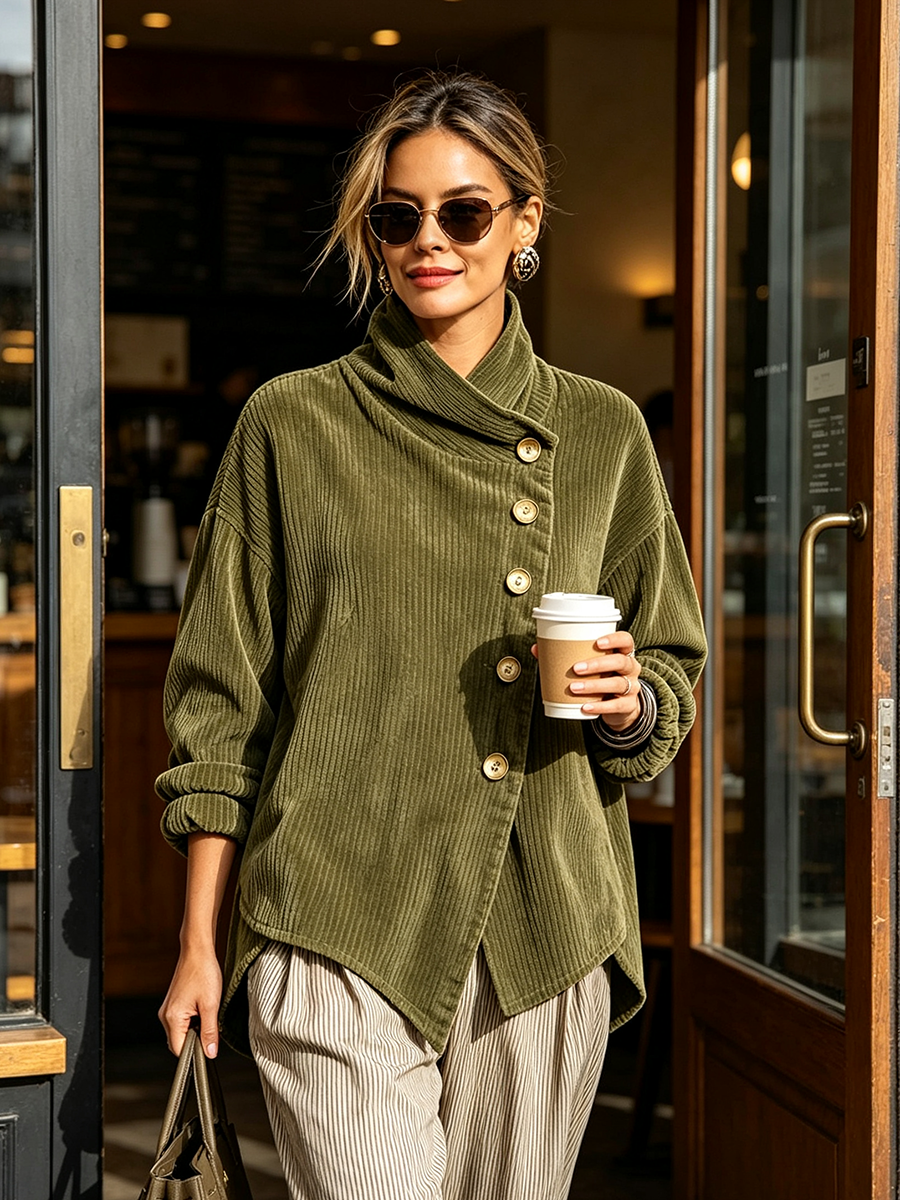 Nina | Asymmetric Button Corduroy Turtleneck
