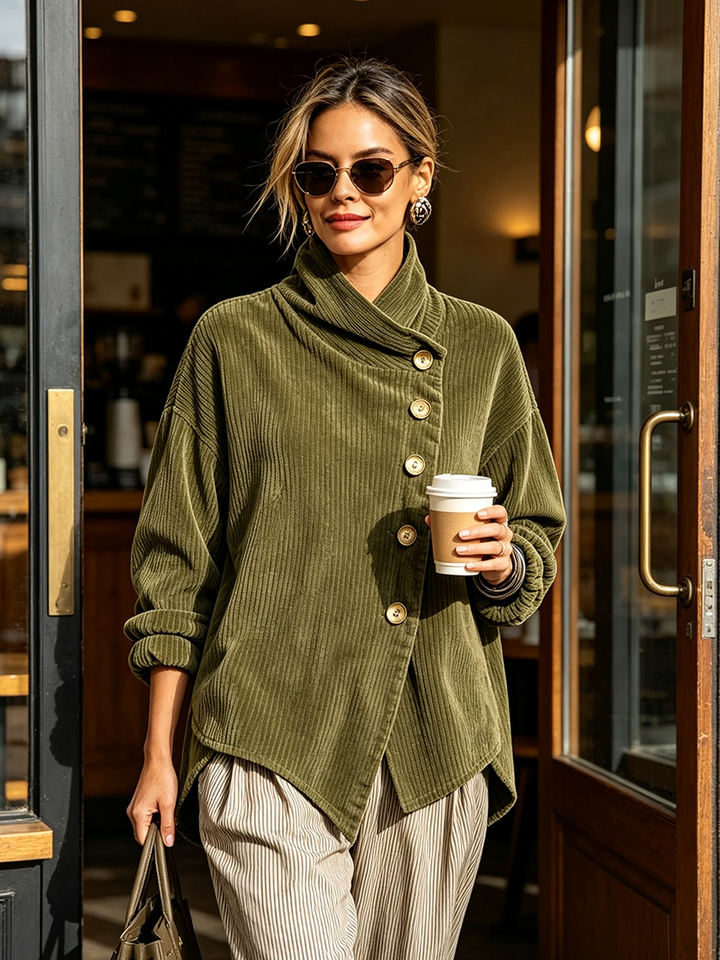 Nina | Asymmetric Button Corduroy Turtleneck
