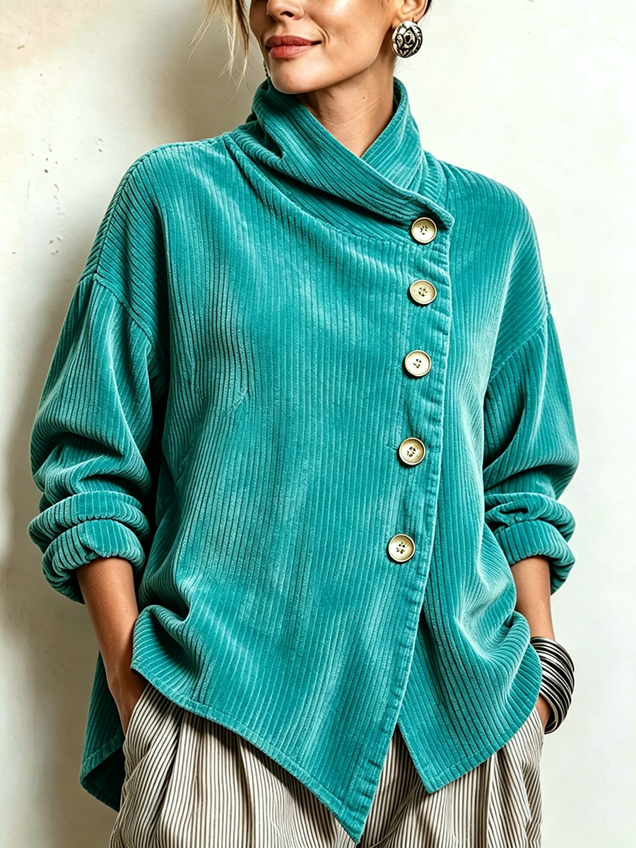Nina | Asymmetric Button Corduroy Turtleneck